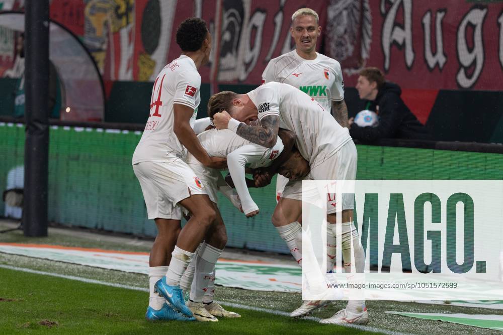 Goal celebration, cheers after his goal for 2 0 by Henri Koudossou FC Augsburg , goalkeeper Alexis Julian Claude Maurice FC Augsburg , Kristijan Jakić FC Augsburg and Philip Tietz FC Augsburg v l, FC Augsburg vs Borussia Moenchengladbach, Football, 1 Bundesliga, 06 Matchday, 04 10 2024 DFB regulations prohibit any use of photographs as image sequences and or quasi video Augsburg Bayern Germany