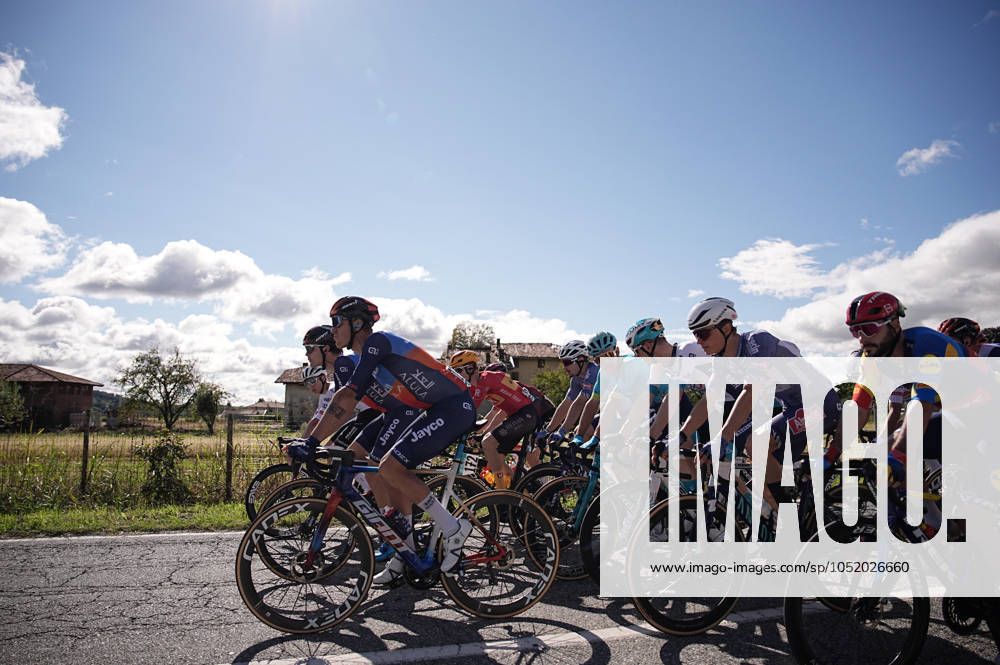 The pack rides during the 108th edition of the Gran Piemonte 2024 a 182 km one day race from Valdengo to Borgomanero on October 10, 2024, Italy.