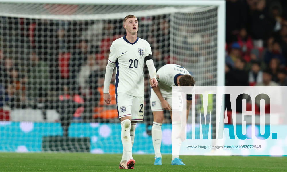 London, England, 10th October 2024. Cole Palmer of England looks Vangelis Pavlidis (not pictured) of Greece celebrates after scoring the opening goal during the UEFA Nations League match at Wembley Stadium, London. Picture credit should read: Paul Terry Sportimage . SPI-3369-0021