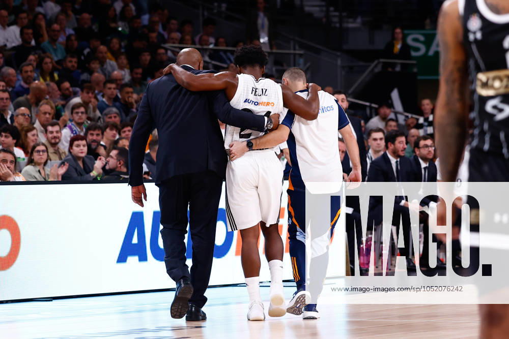 Andres Feliz of Real Madrid is injured during the Turkish Airlines EuroLeague, basketball match played between Real Madrid and Partizan Mozzart Bet Belgrade at WiZink Center on October 10, 2024 in Madrid, Spain. Madrid SPAIN - ZUMAa181 20241010_zaa_a181_140