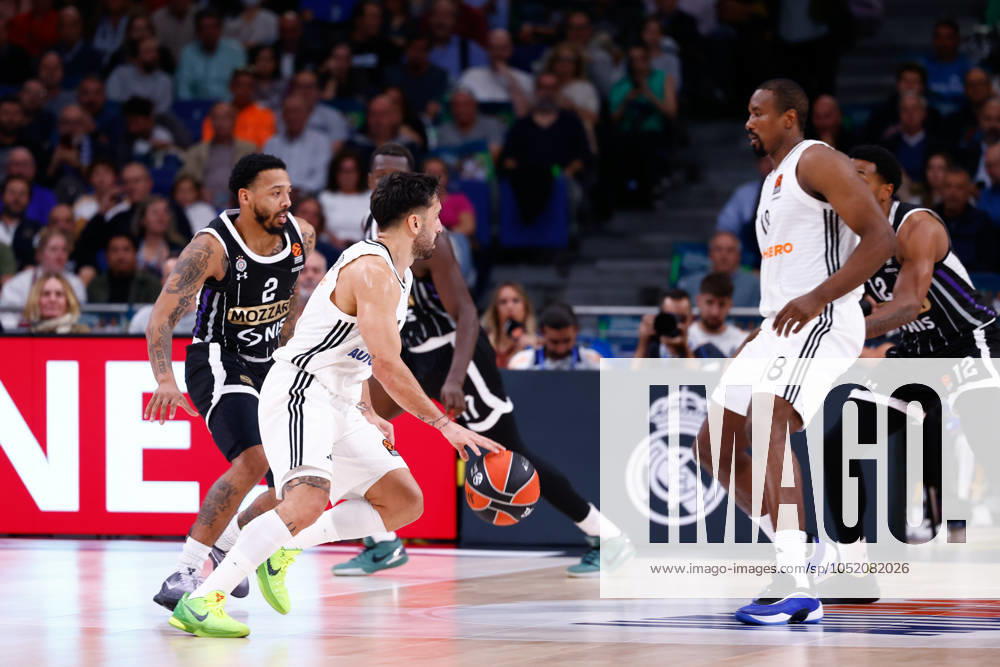 Facundo Campazzo of Real Madrid and Carlik Jones of Partizan Mozzart Bet Belgrade in action during the Turkish Airlines EuroLeague, basketball match played between Real Madrid and Partizan Mozzart Bet Belgrade at WiZink Center on October 10, 2024 in Madrid, Spain. Madrid SPAIN - ZUMAa181 20241010_zaa_a181_119
