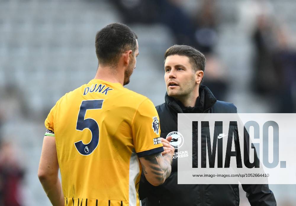 Fabian Hurzeler manager of Brighton & Hove Albion celebrates after full time with Lewis Dunk of Brighton & Hove Albion Newcastle United v Brighton & Hove Albion, Premier League, Football, St James Park, Newcastle, UK, 19 Oct 2024