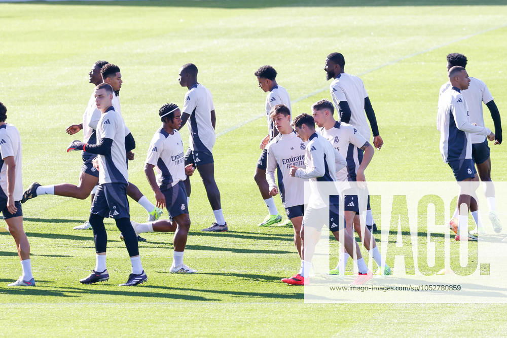 Arda Guler, Brahim Diaz, Federico Valverde and Endrick Felipe of Real Madrid warm up during the training day of Real Madrid ahead of the UEFA Champions League, football match against Borussia Dortmund, at Ciudad Deportiva Real Madrid on October 21, 2024, in Valdebebas, Madrid, Spain. Madrid SPAIN - ZUMAa181 20241021_zaa_a181_032