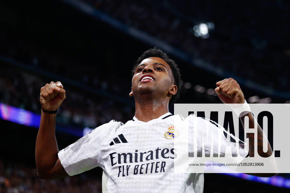 Rodrygo Goes of Real Madrid celebrates a goal of Lucas Vazquez of Real Madrid during the UEFA Champions League 2024 25 League Phase MD3 match between Real Madrid CF and Borussia Dortmund at Estadio Santiago Bernabeu on October 22, 2024, in Madrid, Spain. Madrid SPAIN - ZUMAa181 20241022_zaa_a181_257