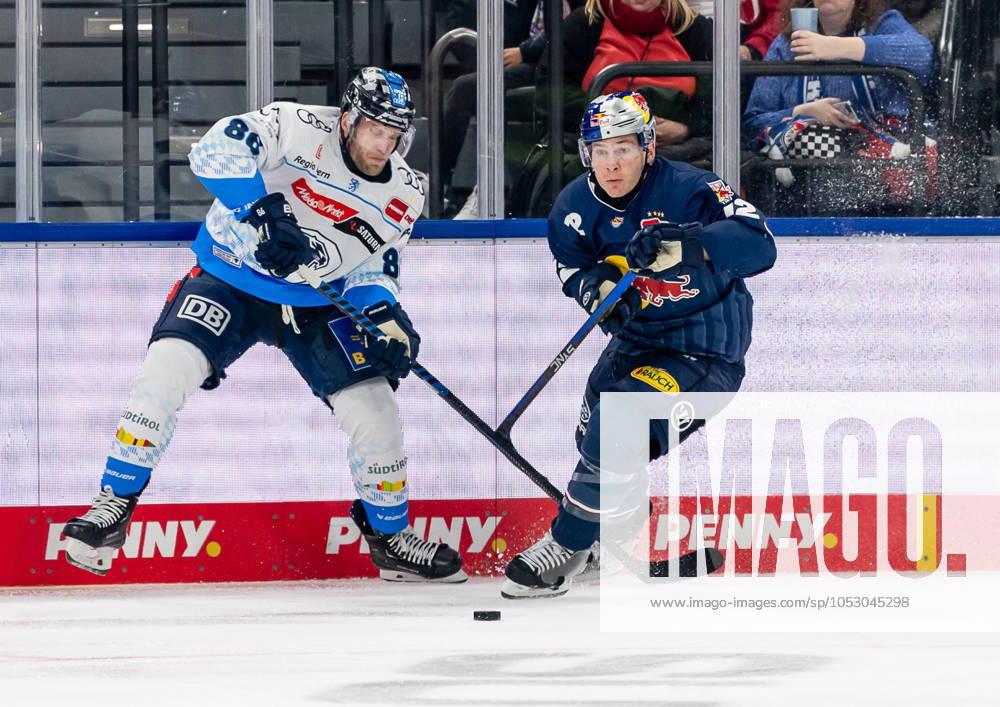 Fight for the puck duel between Daniel Pietta ERC Ingolstadt Panther, 86 and Ben Smith EHC Red Bull Muenchen, 12 GER, EHC Red Bull Muenchen vs ERC Ingolstadt Panther, Ice Hockey, DEL, Matchday 13, Season 2024 2025, 27 10 2024 GER, EHC Red Bull Muenchen vs ERC Ingolstadt Panther, Ice Hockey, DEL, Matchday 13, Season 2024 2025, 27 10 2024 Muenchen