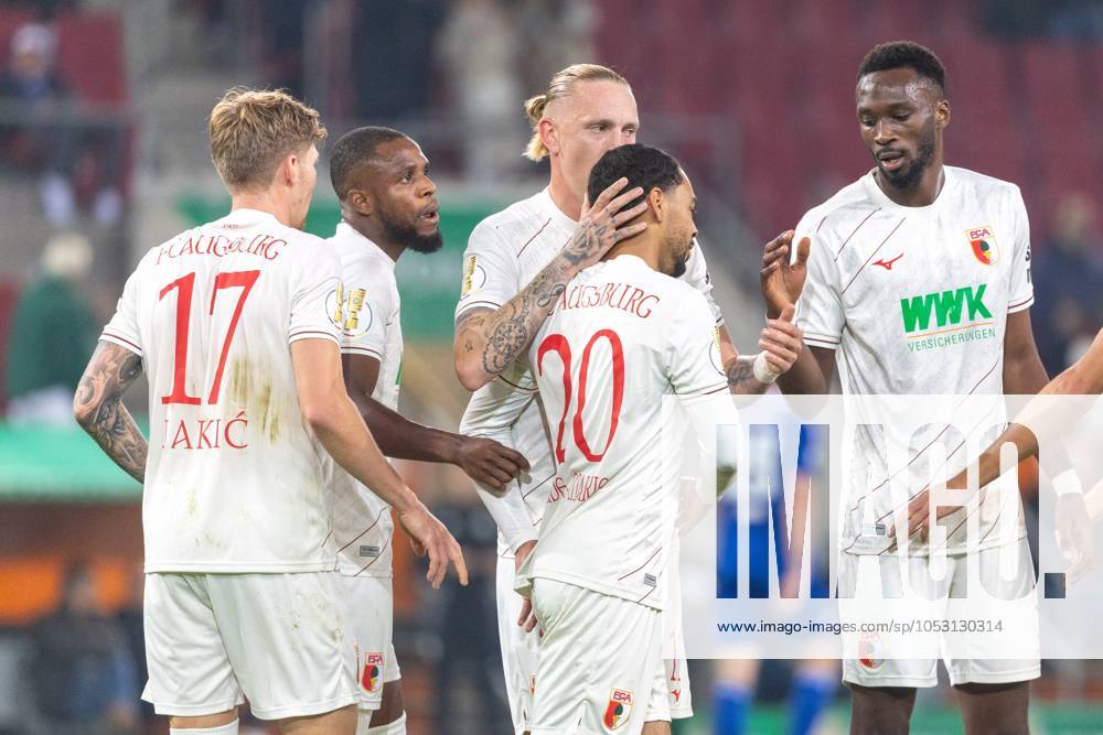 Goal celebration, cheers after his goal for 1 0 from Alexis Claude Maurice FC Augsburg , Kristijan Jakić FC Augsburg , Frank Onyeka FC Augsburg , Marius Wolf FC Augsburg and Chrislain Matsima FC Augsburg v l FC Augsburg vs FC FC Schalke 04, Football, DFB Pokal, 2 Runde, 29 10 2024 DFB regulations prohibit any use of photographs as image sequences and or quasi video Augsburg Bayern Germany