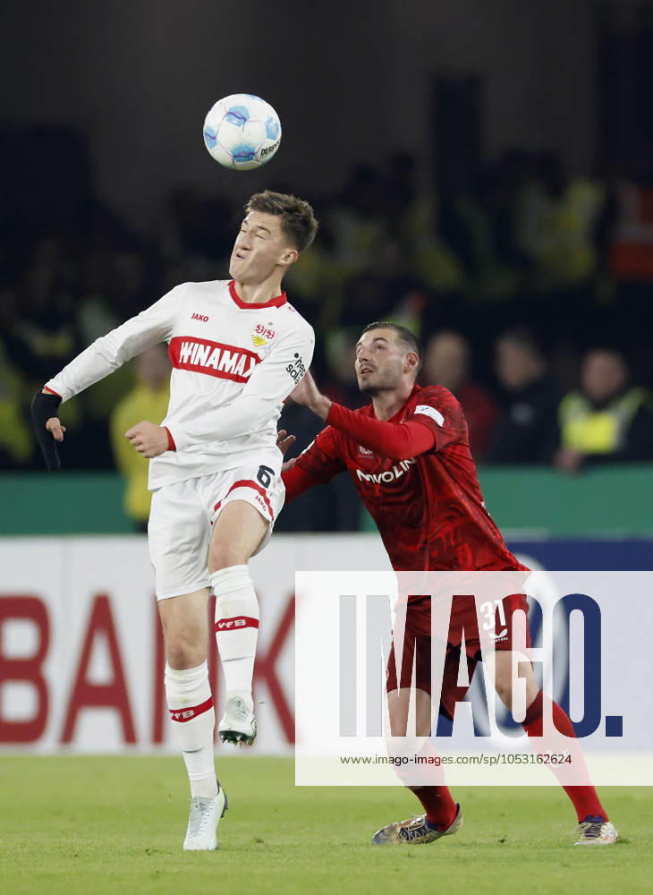 In the picture from l Angelo Stiller VFB Stuttgart, 6 and Luca Sirch 1 FC Kaiserslautern, 31 , 29 10 2024, Football, DFB Pokal, VfB Stuttgart 1 FC Kaiserslautern, GER, Stuttgart, MHP Arena, DFL REGULATIONS PROHIBIT ANY USE OF PHOTOGRAPHS AS IMAGE SEQUENCES AND OR QUASI VIDEO