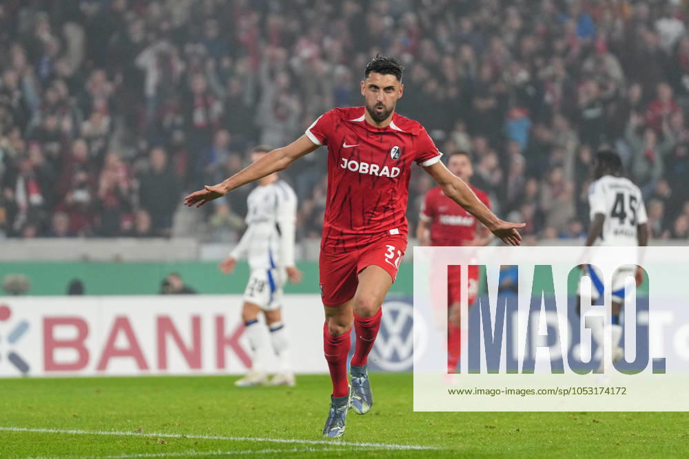 Vincenzo Grifo SC Freiburg, 32 Goal celebration , Soccer, 1 Round , DFB Pokal, 2024 2025, SC Freiburg vs Hamburger SV, 30 10 2024, Europa Park Stadion, Freiburg, Germany DFB REGULATIONS PROHIBIT ANY USE OF PHOTOGRAPHS AS IMAGE SEQUENCES AND OR QUASI VIDEO Freiburg Europa Park Stadion Baden Württemberg Germany