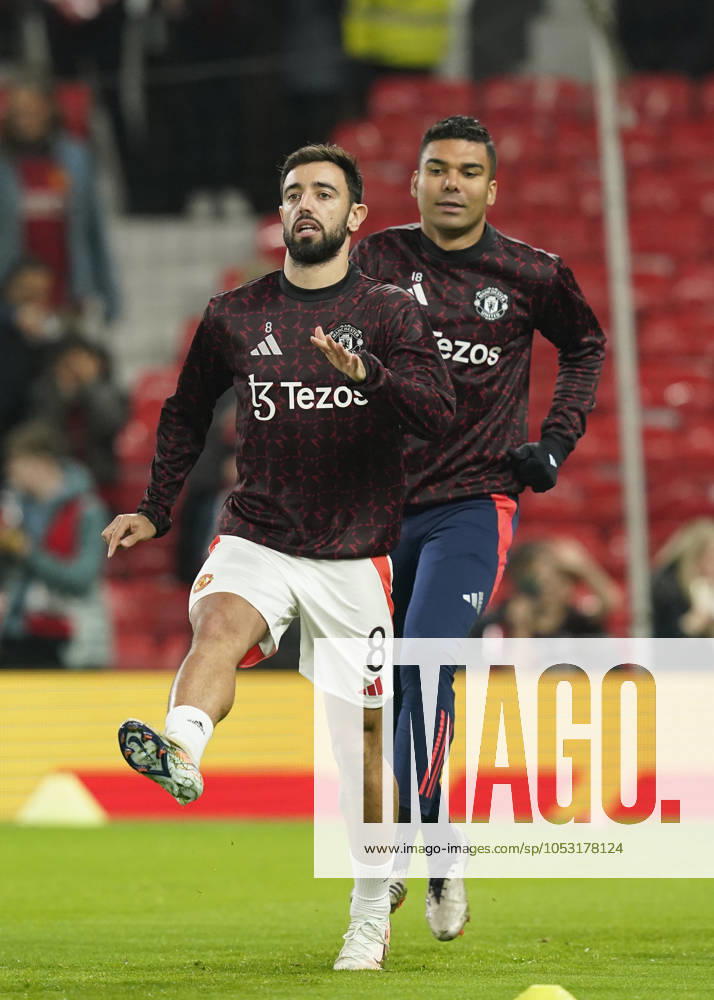 Manchester, England, 30th October 2024. Bruno Fernandes of Manchester United, ManU and Casemiro of Manchester United begin their warm up before the Carabao Cup match at Old Trafford, Manchester. Picture credit should read: Andrew Yates Sportimage . SPI-3418-0006