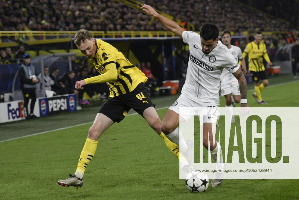 From left in duel Maximilian Beier Dortmund 14 Jusuf Gazibegovic Graz 22 05 11 2024 Soccer, Champions League, Borussia Dortmund vs Sturm Graz, Signal Iduna Park, Dortmund, NRW Germany
