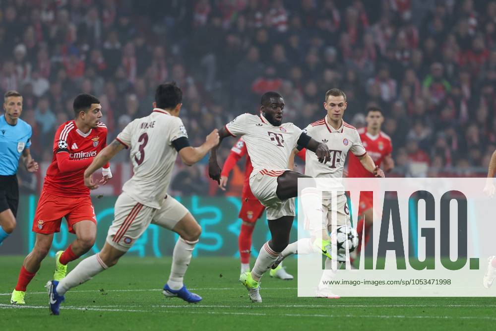 In duel, action, with Dayot Upamecano 2 FC Bayern Muenchen , FC Bayern Muenchen vs Benfica Lisbon, Champions League, Soccer, Matchday 4, 06 11 2024 Muenchen Bayern Germany