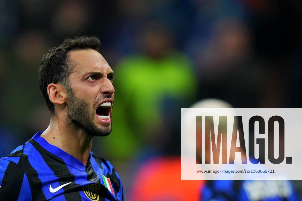 Inter Milan s Hakan Calhanoglu celebrates after scoring 1-1 during the Serie A soccer match between Inter and Napoli at San Siro Stadium in Milan , North Italy - Sunday , november 10 , 2024. - Soccer .