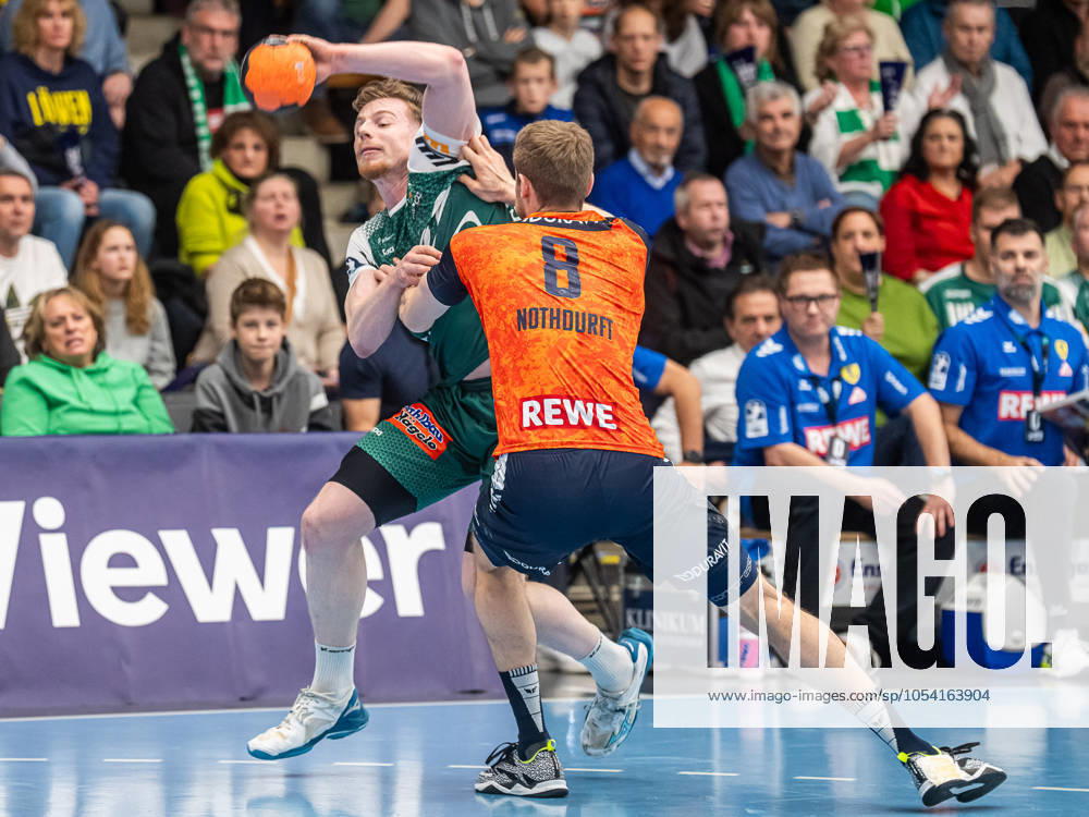 Erik Persson Frisch Auf Goeppingen, 22 in duel with Tim Nothdurft Rhein Neckar Loewen, 08 , Frisch Auf Goeppingen vs Rhein Neckar Loewen, Handball, 1 Bundesliga, Men, Season 2024 2025, 23 11 2024, Frisch Auf Goeppingen vs Rhein Neckar Loewen, Handball, 1 Bundesliga, Men, Season 2024 2025, 23 11 2024 Goeppingen