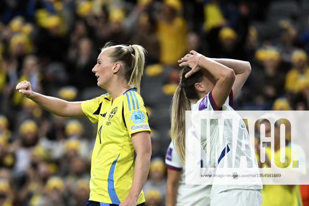 STOCKHOLM, SWEDEN 20241203 Sweden s Stina Blackstenius left celebrates scoring as a Serbian player reacts during the UEFA Women s Euro 2025 second leg qualifying playoff match between Sweden and Serbia at Tele2 Arena in Stockholm, Sweden, on Dec 3, 2024 STOCKHOLM SWEDEN