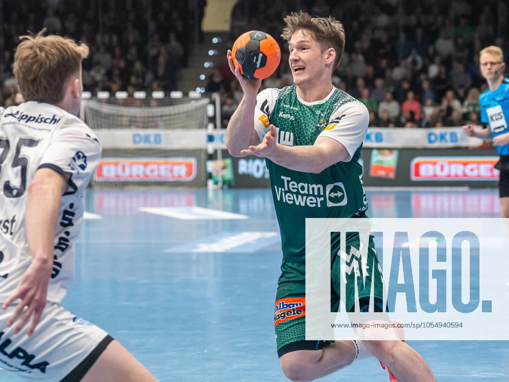 Oskar Neudeck Frisch Auf Goeppingen, 02 with speed, Frisch Auf Goeppingen vs TBV Lemgo Lippe, Handball, 1 Bundesliga, Men, Season 2024 2025, 08 12 2024, Frisch Auf Goeppingen vs TBV Lemgo Lippe, Handball, 1 Bundesliga, Men, Season 2024 2025, 08 12 2024 Goeppingen
