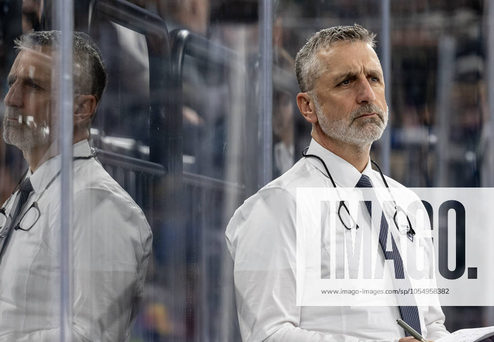Mark French Head Coach, ERC Ingolstadt Panther with mirror image in plexiglass GER, EHC Red Bull Muenchen vs ERC Ingolstadt, Ice Hockey, DEL, Matchday 24, Season 2024 2025, 08 12 2024 GER, EHC Red Bull Muenchen vs ERC Ingolstadt, Ice Hockey, DEL, Matchday 24, Season 2024 2025, 08 12 2024 Muenchen