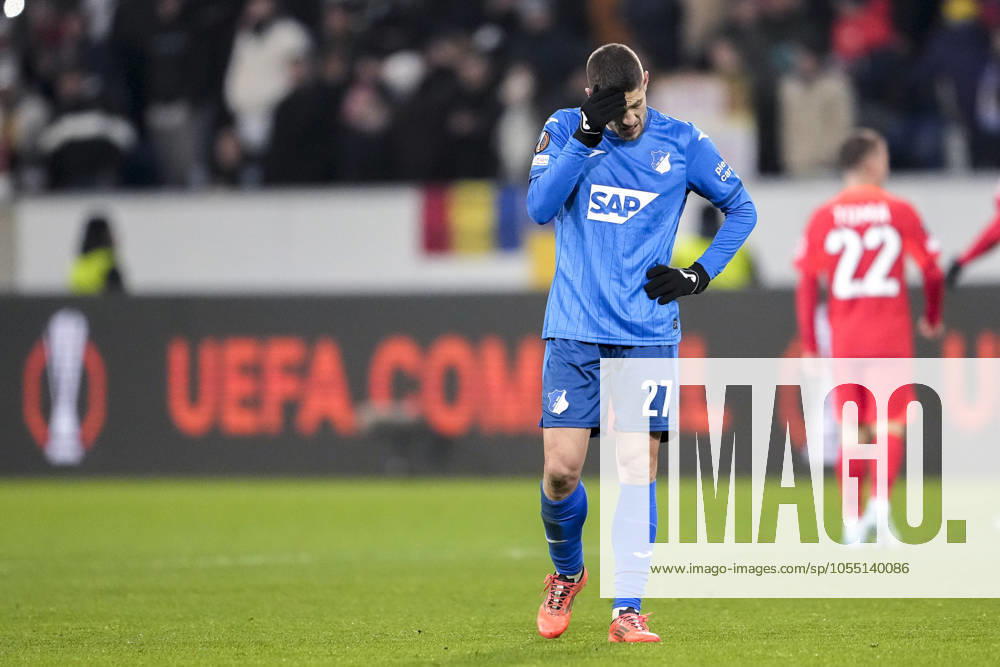 Andrej Kramaric Hoffenheim, 27 , TSG 1899 Hoffenheim player, disappointed about the draw, only draw, disappointment after the final whistle, highlight, point loss, frustration, disappointed, pessimistic, 12 12 2024, Sinsheim Germany , football, UEFA Europa League, group stage, TSG 1899 Hoffenheim FCSB Bucharest, REGULATIONS PROHIBIT ANY USE OF PHOTOGRAPHS AS IMAGE SEQUENCES AND OR QUASI VIDEO
