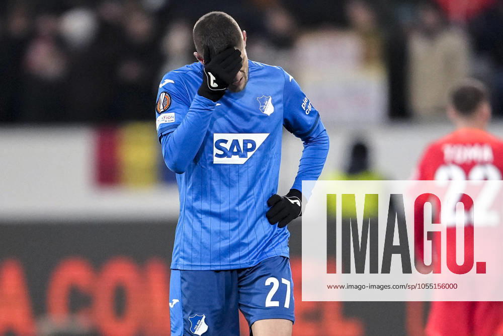 Andrej Kramaric Hoffenheim, 27 , TSG 1899 Hoffenheim player, disappointed about the draw, only draw, disappointment after the final whistle, highlight, point loss, frustration, disappointed, pessimistic, single image, single photo, action, action, 12 12 2024, Sinsheim Germany , Football, UEFA Europa League, Group stage, TSG 1899 Hoffenheim FCSB Bucharest, 12 12 2024, Sinsheim Germany , Football, UEFA Europa League, Group stage, TSG 1899 Hoffenheim FCSB Bucharest, DFB DFL REGULATIONS PROHIBIT ANY USE OF PHOTOGRAPHS AS IMAGE SEQUENCES AND OR QUASI VIDEO