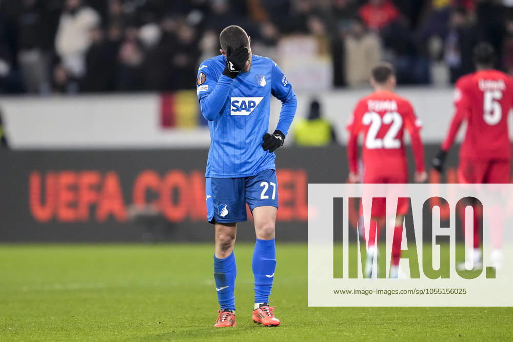 Andrej Kramaric Hoffenheim, 27 , TSG 1899 Hoffenheim player, disappointed about the draw, only draw, disappointment after the final whistle, highlight, point loss, frustration, disappointed, pessimistic, 12 12 2024, Sinsheim Germany , football, UEFA Europa League, Group stage, TSG 1899 Hoffenheim FCSB Bucharest, 12 12 2024, Sinsheim Germany , Football, UEFA Europa League, Group stage, TSG 1899 Hoffenheim FCSB Bucharest, DFB DFL REGULATES PROHIBIT ANY USE OF PHOTOGRAPHS AS IMAGE SEQUENCES AND OR QUASI VIDEO