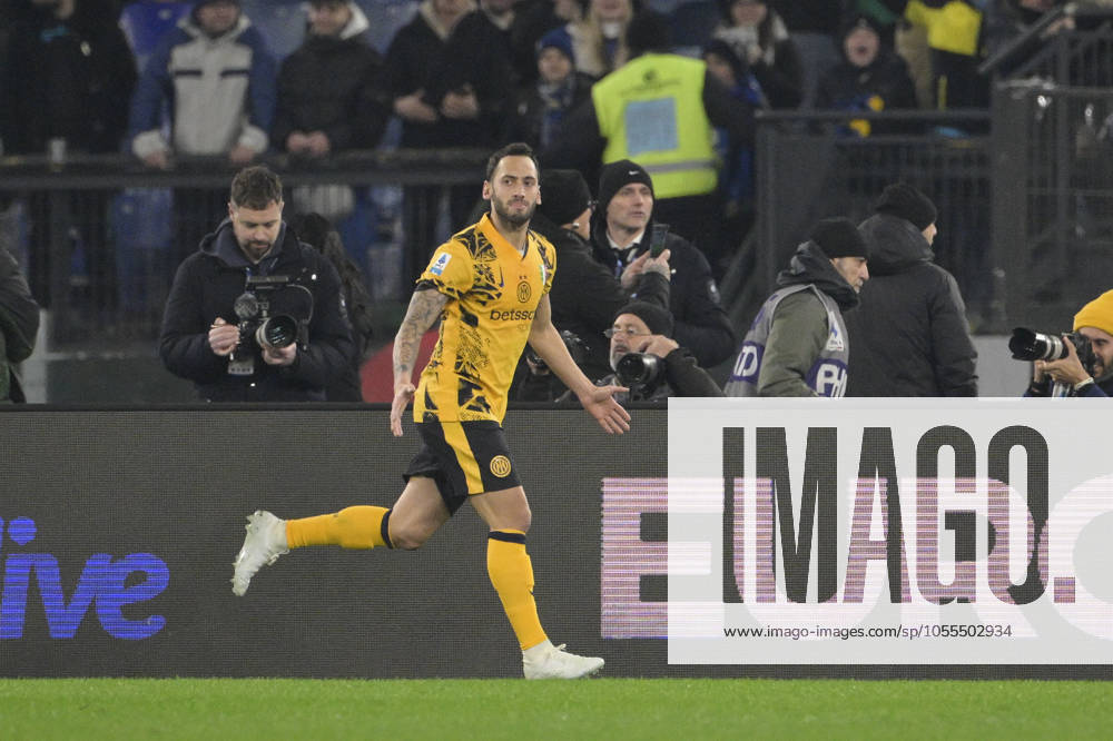Inter Milan s Hakan Calhanoglu celebrates after scoring the goal 0-1 during the Serie A Enilive soccer match between SS Lazio and Inter at the Rome s Olympic stadium, Italy - Sunday, December 16, 2024. - Soccer.