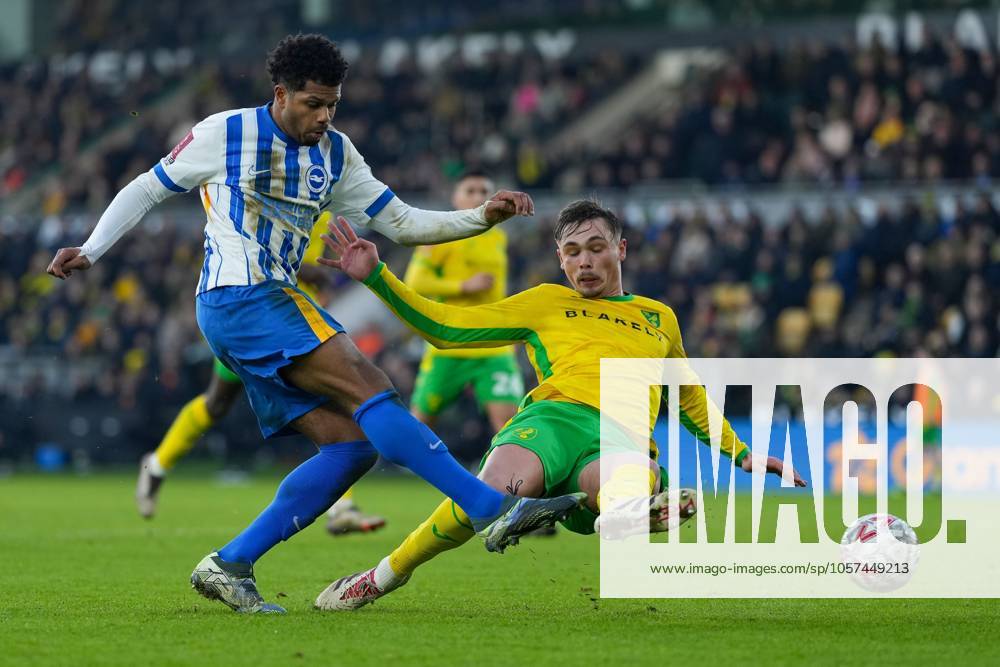 Georginio Rutter of Brighton and Hove Albion scores his second goal as Callum Doyle of Norwich City defends, 0-2 Norwich City v Brighton & Hove Albion, Emirates FA Cup, Third Round, Football, Carrow Road, Norwich, UK - 11 Jan 2025