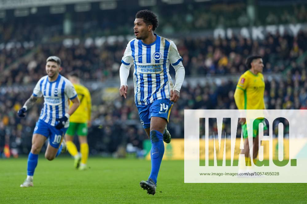 Georginio Rutter of Brighton and Hove Albion celebrates their goal, 0-2 Norwich City v Brighton & Hove Albion, Emirates FA Cup, Third Round, Football, Carrow Road, Norwich, UK - 11 Jan 2025