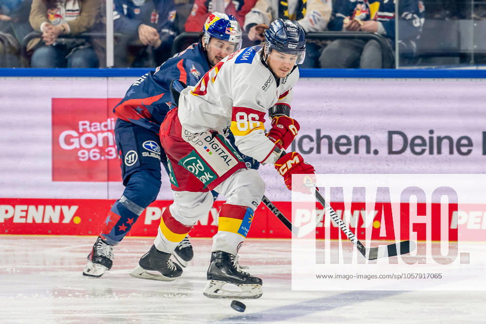 Battle for the puck duel between Taro Hirose EHC Red Bull Muenchen, 17 and Drake Rymsha Duesseldorfer EG, 86 GER, EHC Red Bull Muenchen vs Duesseldorfer EG, Ice Hockey, DEL, Matchday 38, Season 2024 2025, 19 01 2025 GER, EHC Red Bull Muenchen vs Duesseldorfer EG, Ice Hockey, DEL, Matchday 38, Season 2024 2025, 19 01 2025 Muenchen