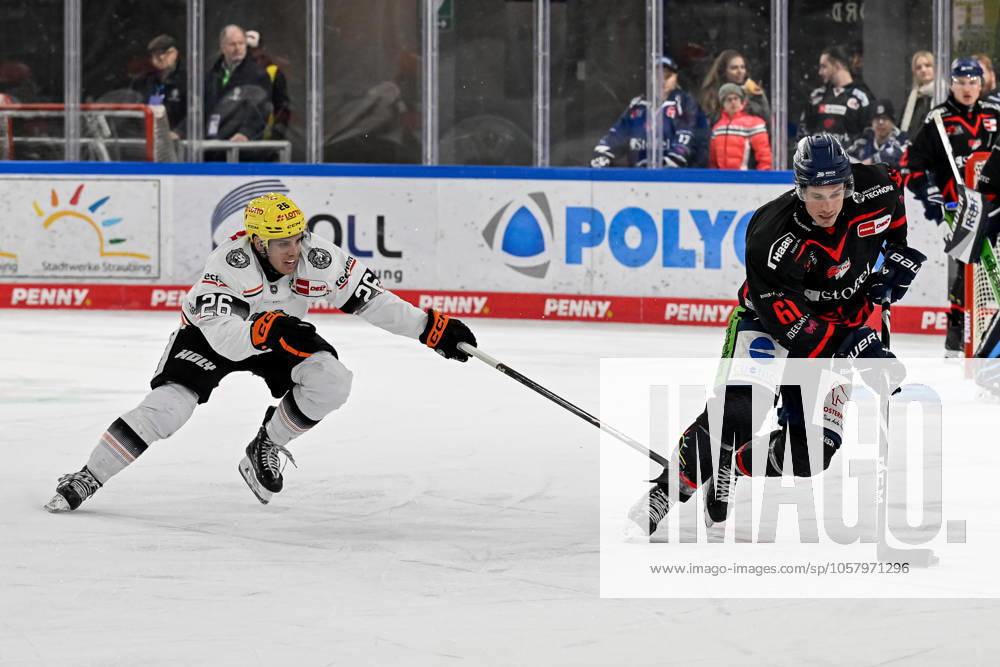 Battle for the puck duel between Dennis Lobach Loewen Frankfurt, 26 and Justin Braun Straubing Tigers, 61 GER, Straubing Tigers vs Loewen Frankfurt, Ice Hockey, DEL, Matchday 38, Season 2024 2025, 19 01 2025 GER, Straubing Tigers vs Loewen Frankfurt, Ice Hockey, DEL, Matchday 38, Season 2024 2025, 19 01 2025 Straubing