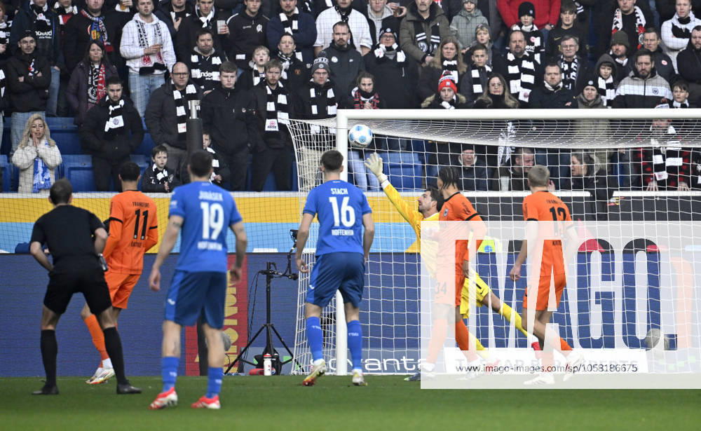 Penalty area scene, goal area scene Goal kick Action Goal chance Adam Hlozek TSG 1899 Hoffenheim 23 not in picture Goalkeeper Kevin Trapp Eintracht Frankfurt SGE 01 Referee Referee Sascha Stegemann TSG 1899 Hoffenheim vs Eintracht Frankfurt SGE 26 01 2025 DFL REGULATIONS PROHIBIT ANY USE OF PHOTOGRAPHS AS IMAGE SEQUENCES AND OR QUASI VIDEO TSG 1899 Hoffenheim vs Eintracht Frankfurt SGE