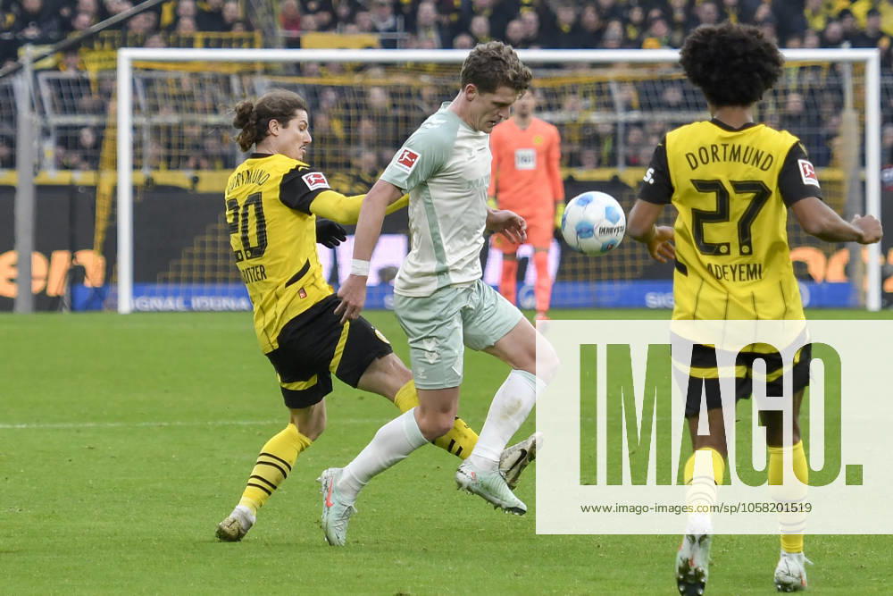 From left in duel Marcel Sabitzer Dortmund 20 Jens Stage Werder Bremen 6 25 01 2025 Soccer Borussia Dortmund vs SV Werder Bremen , Signal Iduna Park, Dortmund, DFB DFL REGULATIONS PROHIBIT ANY USE OF PHOTOGRAPHS AS IMAGE SEQUENCES AND OR QUASI VIDEO
