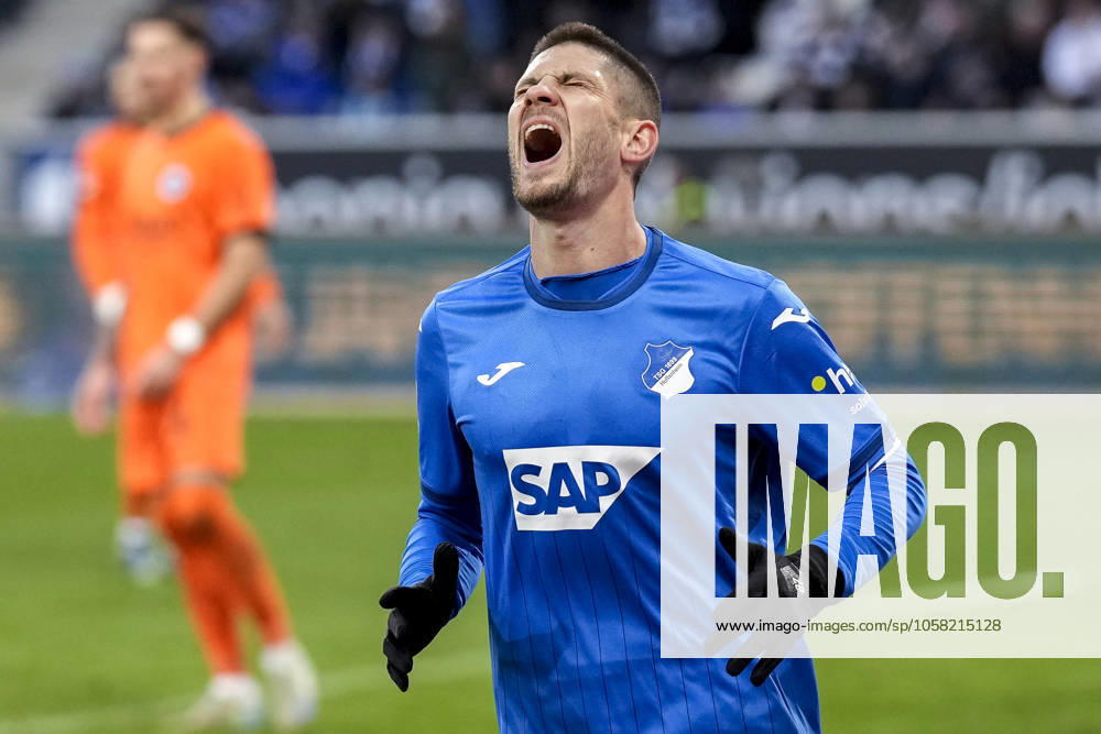 Andrej Kramaric Hoffenheim, 27 , TSG 1899 Hoffenheim player, single image, single photo, action, action looking disappointed, disappointment, frustration, disappointed, pessimistic, 26 01 2025, Sinsheim Germany , Football, Bundesliga, TSG 1899 Hoffenheim SG Eintracht Frankfurt, DFB DFL REGULATIONS PROHIBIT ANY USE OF PHOTOGRAPHS AS IMAGE SEQUENCES AND OR QUASI VIDEO