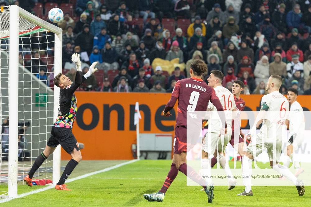 Goalkeeper Finn Dahmen FC Augsburg in action, FC Augsburg vs RB Leibzig, Soccer, 1 Bundesliga, 22 Matchday, 14 02 2025 DFB regulations prohibit any use of photographs as image sequences and or quasi video Augsburg Bayern Germany