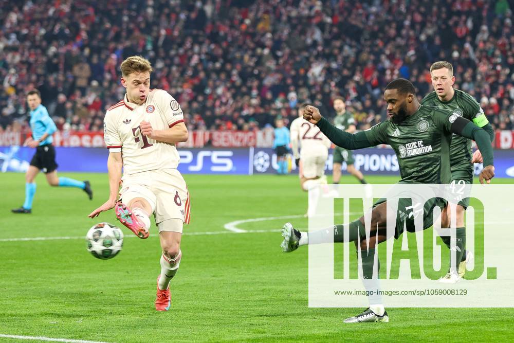 In duel, action, with Joshua Kimmich 6 FC Bayern Muenchen , Jeffrey Schlupp 15 Celtic Glasgow , FC Bayern Muenchen vs Celtic Glasgow, Football, Champions League, Play offs, second leg, 18 02 2025 Muenchen Bayern Germany