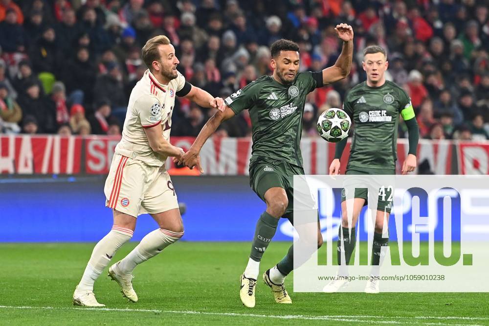 Harry KANE Bayern Muenchen , action,duel against Austin TRUSTY Glasgow re Callum McGREGOR Glasgow Football Champions League K O Phase Play offs FC Bayern Muenchen Celtic FC Glasgow 1 1 am 18 02 2025 , A L L I A N Z A R E N A