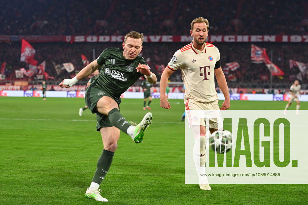 Harry KANE Bayern Muenchen , action,duel against Alistair JOHNSTON Glasgow Football Champions League K O Phase Play offs FC Bayern Muenchen Celtic FC Glasgow 1 1 on 18 02 2025 , A L L I A N Z A R E N A