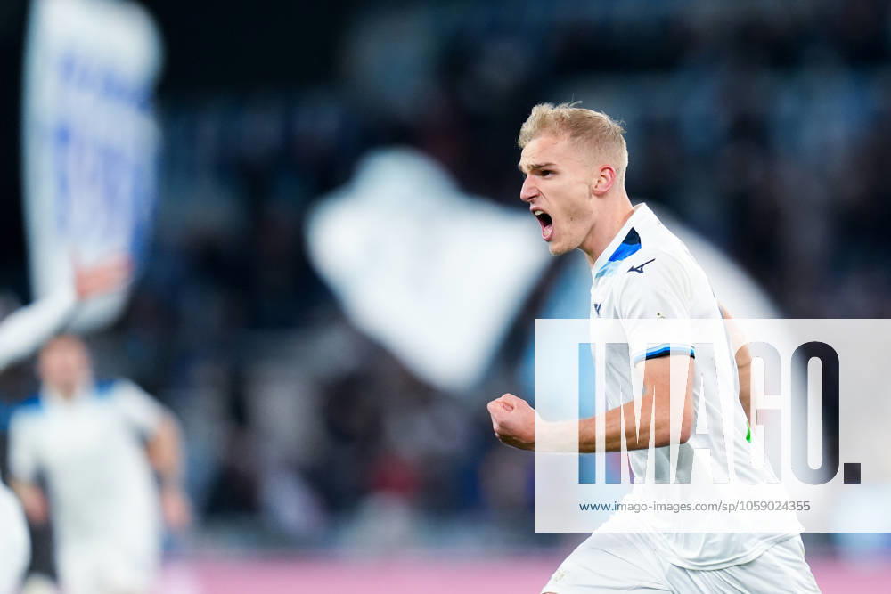 Gustav Isaksen of SS Lazio celebrates after scoring first goal during the Serie A match between SS Lazio and SSC Napoli at Stadio Olimpico Rome Italy on 15 February 2025. Rome Stadio Olimpico Rome Italy