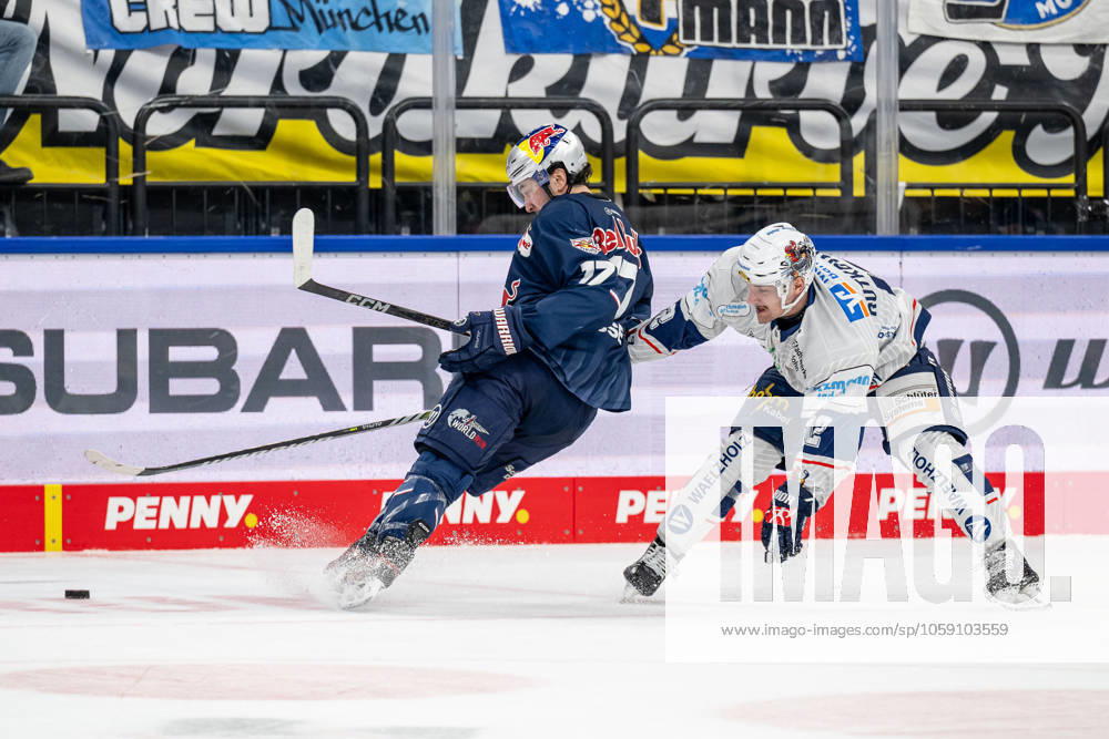 Battle for the puck duel between Taro Hirose EHC Red Bull Muenchen, 17 and Maciej Rutkowski Iserlohn Roosters, 12 GER, EHC Red Bull Muenchen vs Iserlohn Roosters, Ice Hockey, DEL, Matchday 47, Season 2024 2025, 21 02 2025 GER, EHC Red Bull Muenchen vs Iserlohn Roosters, Ice Hockey, DEL, Matchday 47, Season 2024 2025, 21 02 2025 Muenchen