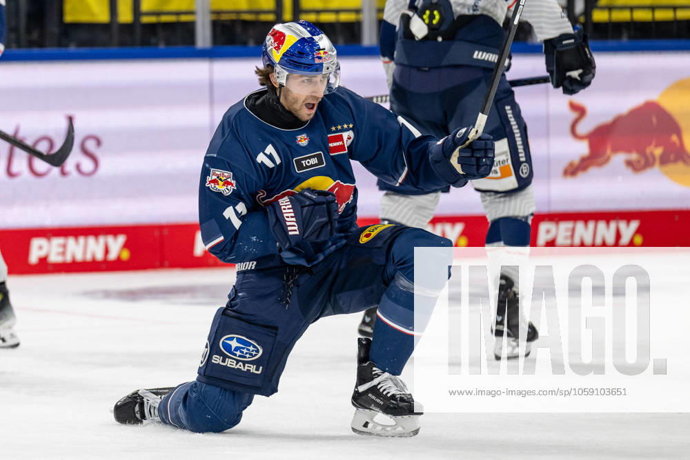Markus Eisenschmid EHC Red Bull Muenchen, 11 celebrates his goal to connect 1 2 GER, EHC Red Bull Muenchen vs Iserlohn Roosters, Ice Hockey, DEL, 47 Matchday, Season 2024 2025, 21 02 2025 GER, EHC Red Bull Muenchen vs Iserlohn Roosters, Ice Hockey, DEL, 47 Matchday, Season 2024 2025, 21 02 2025 Muenchen