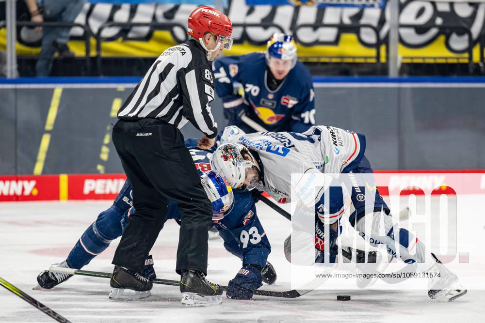 Linesman David Tschirner executes a faceoff between Maximilian Kastner EHC Red Bull Muenchen, 93 and Shane Gersich Iserlohn Roosters, 9 GER, EHC Red Bull Muenchen vs Iserlohn Roosters, Ice Hockey, DEL, Matchday 47, Season 2024 2025, 21 02 2025 GER, EHC Red Bull Muenchen vs Iserlohn Roosters, Ice Hockey, DEL, Matchday 47, Season 2024 2025, 21 02 2025 Muenchen