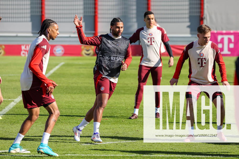 Michael Olise FC Bayern Muenchen, 17 with Serge Gnabry FC Bayern Muenchen, 07 and Joshua Kimmich FC Bayern Muenchen, 06 during training, with Jamal Musiala FC Bayern Muenchen, 42 , GER, Final training, FC Bayern Muenchen, Football, UEFA Champions League, Round of 16 first leg, 2024 2025 season, 04 03 2025, GER, Final training, FC Bayern Muenchen, Football, UEFA Champions League, Round of 16 first leg, 2024 2025 season, 04 03 2025 Muenchen