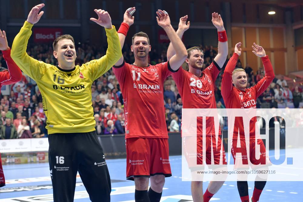 Jubilation,joy after the victory Nebojsa Simic Goalkeeper MT Melsungen 16 , Felix Danner MT Melsungen 17 , Jonathan Svensson MT Melsungen 28 , Dimitri Ignatow MT Melsungen 11 L R , GER, MT Melsungen SC DHfK Leipzig, Handball, 1 Bundesliga, 22 Matchday, Season 2024 2025, 07 03 2025, GER, MT Melsungen Dhfk Leipzig Handball, 1 Bundesliga, 22 Matchday, Season 2024 2025, 07 03 2025 Kassel