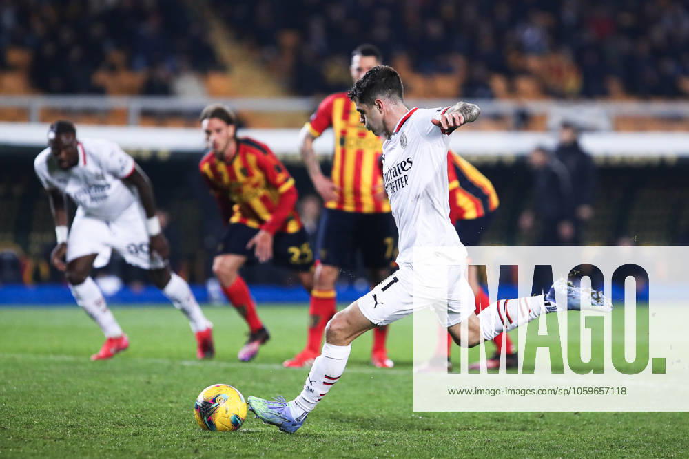 Christian Pulisic of AC Milan scores the goal of 2-2 with a penalty in the match between US Lecce and AC Milan at Ettore Giardiniero - Via del Mare stadium in Lecce (Italy), Mar 8th, 2025. massimilianoxcarnabuci