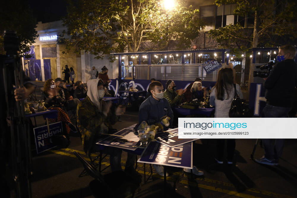San Francisco, California, U.S. - Eponymous founder, MANNY YEKUTIEL of Mannys hosted a socially distanced election night watch party in the street in front of the community meeting space. In the past month Mannys had become the defacto Biden-Harris campaign headquarters in San Francisco as dozens of volunteers manned phones and wrote letters to get out the vote. San Francisco USA - ZUMAw332 20201103_zap_w332_006