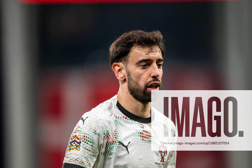 Denmark v Portugal, UEFA Nations League, Copenhagen, Denmark Copenhagen, Denmark. 20th, March 2025. Bruno Fernandes (8) of Portugal seen during the UEFA Nations League play-off match between Denmark and Portugal at Parken in Copenhagen. Denmark, Copenhagen