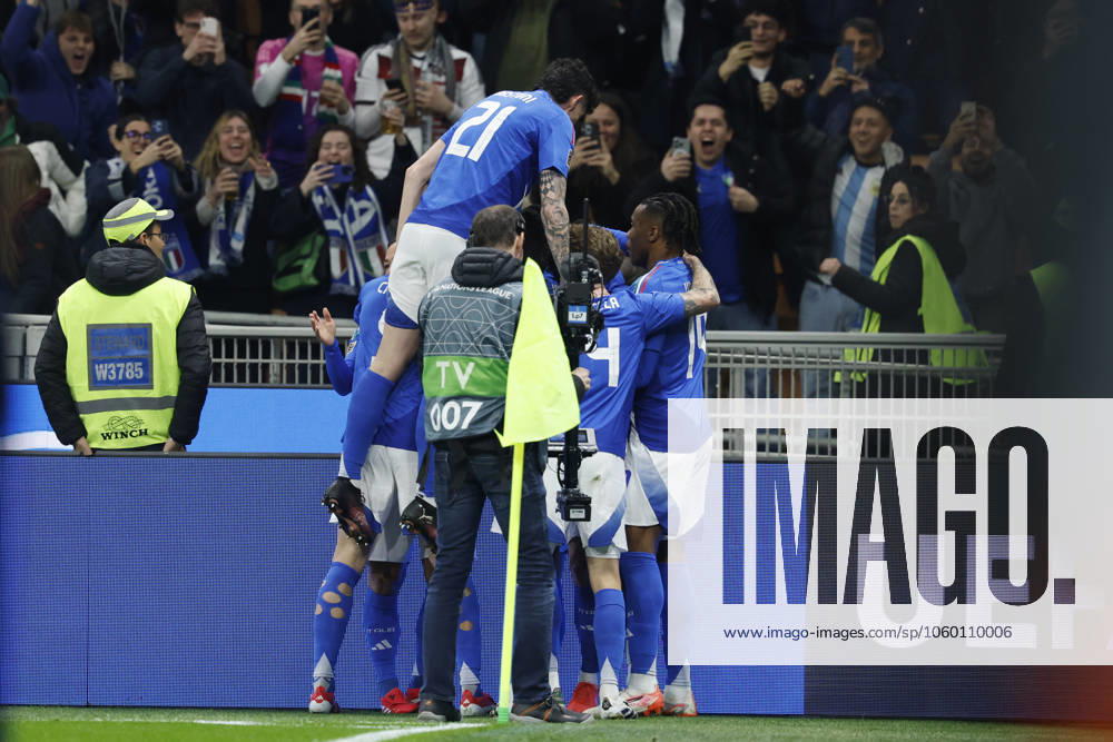 In the picture from l goal, goal, jubilation, goal celebration, joy, enthusiasm, celebrates, after 1 0, 20 03 2025, football, UEFA Nations League, quarter-final, Italy Germany, ITA, Milan, Stadio San Siro,