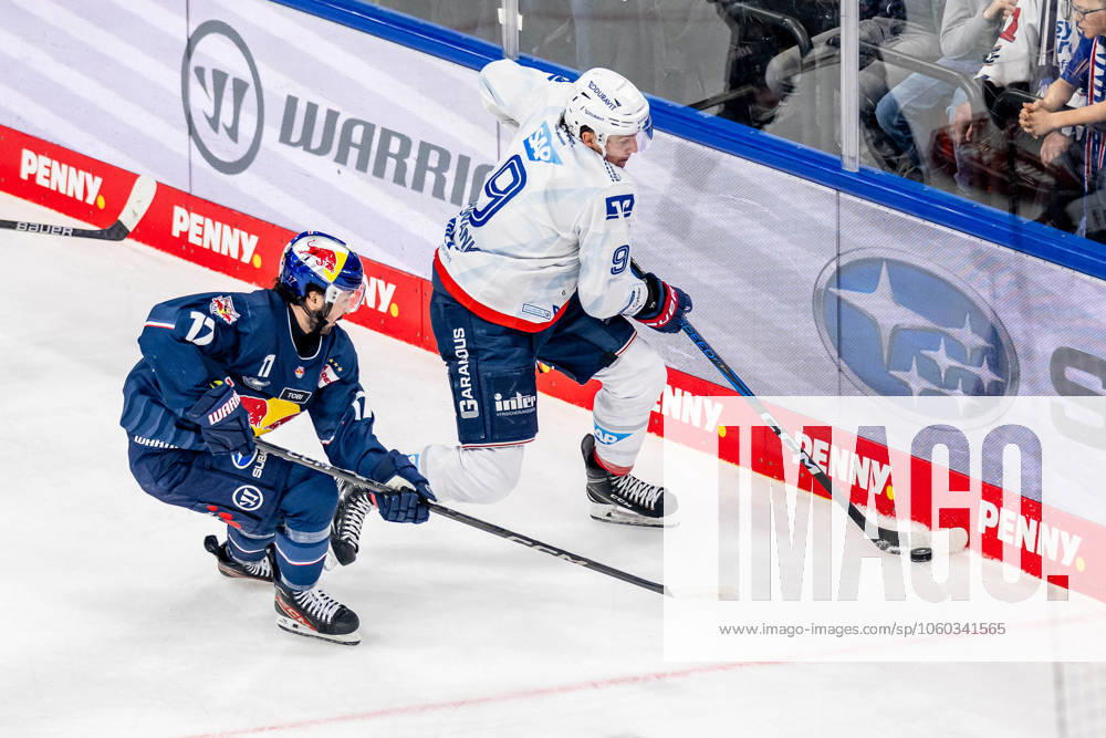 Battle for the puck duel between Taro Hirose EHC Red Bull Muenchen, 17 and Leon Gawanke Adler Mannheim, 9 GER, EHC Red Bull Muenchen vs Adler Mannheim, Ice Hockey, DEL, Playoffs, Quarterfinals Game 6, Season 2024 2025, 28 03 2025 GER, EHC Red Bull Muenchen vs Adler Mannheim, Ice Hockey, DEL, Playoffs, Quarterfinals Game 6, Season 2024 2025, 28 03 2025 Muenchen
