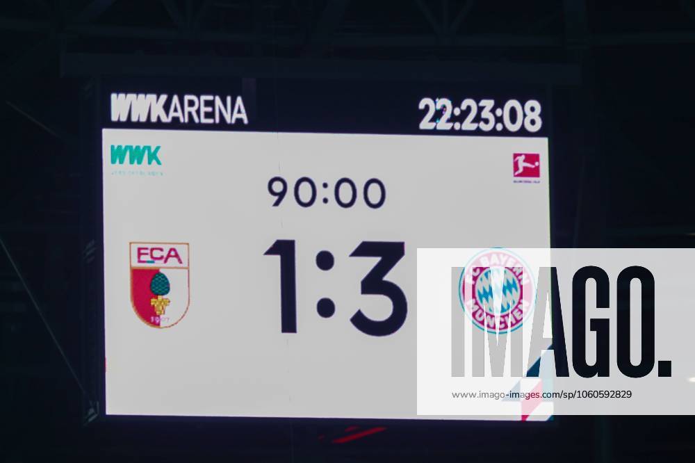 Final score on the scoreboard, 1 3, FC Augsburg vs FC Bayern Muenchen, Football, 1 Bundesliga, 28 Matchday, 04 04 2025 DFB regulations prohibit any use of photographs as image sequences and or quasi video Augsburg Bayern Germany