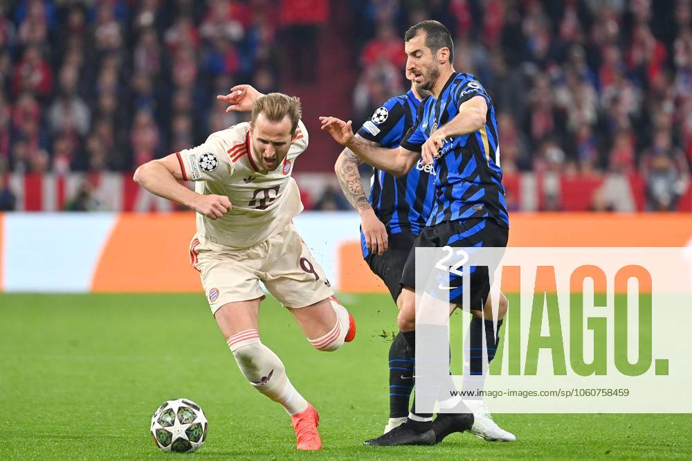Harry KANE Bayern Muenchen , action,duel against Henrikh MKHITARYAN Milan and Hakan CALHANOGLU Milan Soccer Champions League Quarterfinal FC Bayern Muenchen Inter Milan on 08 04 2025 , A L L I A N Z A R E N A