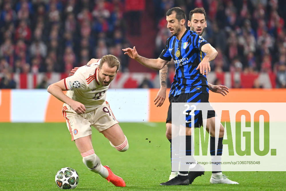 Harry KANE Bayern Muenchen , action,duel against Henrikh MKHITARYAN Milan and Hakan CALHANOGLU Milan Football Champions League quarter final FC Bayern Muenchen Inter Milan 1 2 on 08 04 2025 , A L L I A N Z A R E N A