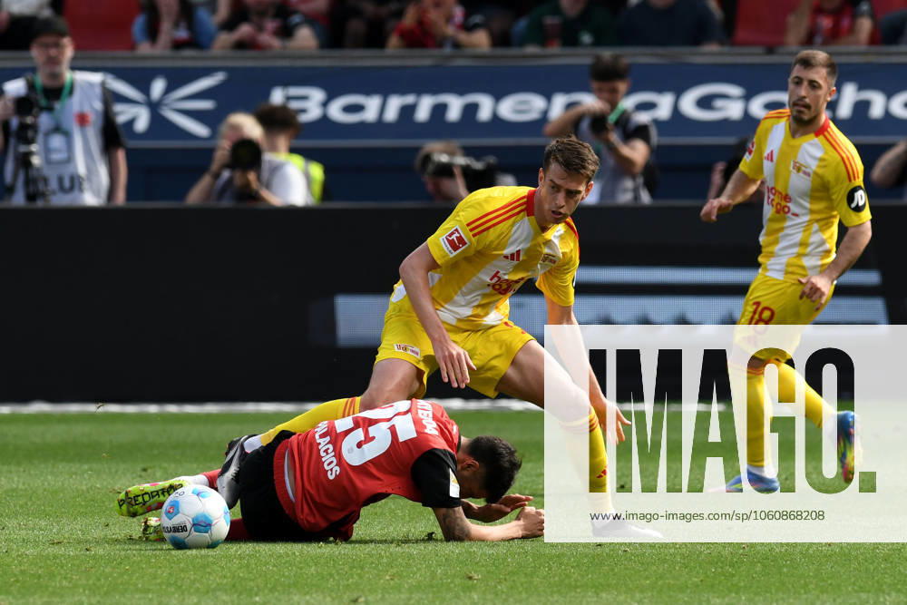 Janik Haberer 1 FC Union Berlin in duel with Ezequiel Palacios Bayer 04 Leverkusen GER, Bayer 04 Leverkusen vs 1 FC Union Berlin, Soccer, Bundesliga, Matchday 29, Season 2024 2025, 12 04 2025 DFL REGULATES PROHIBIT ANY USE OF PHOTOGRAPHS AS IMAGE SEQUENCES AND OR QUASI VIDEO GER, Bayer 04 Leverkusen vs 1 FC Union Berlin, Football, Bundesliga, Matchday 29, Season 2024 2025, 12 04 2025 Leverkusen